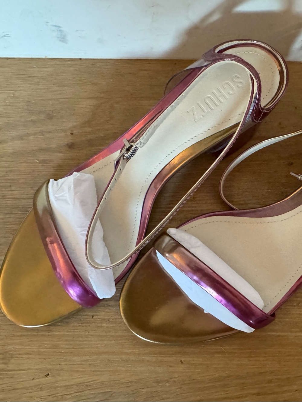 SCHUTZ Skye Mid Block, Metallic Pink Ankle-Strap Heels, 7.5